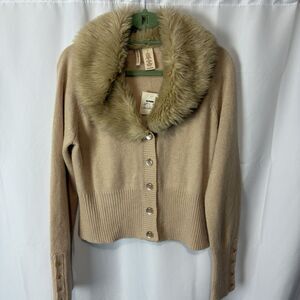 Vtg Deadstock Women’s Fur Trim Collar Sweater Cardigan Y2K Coquette XL *flaw*